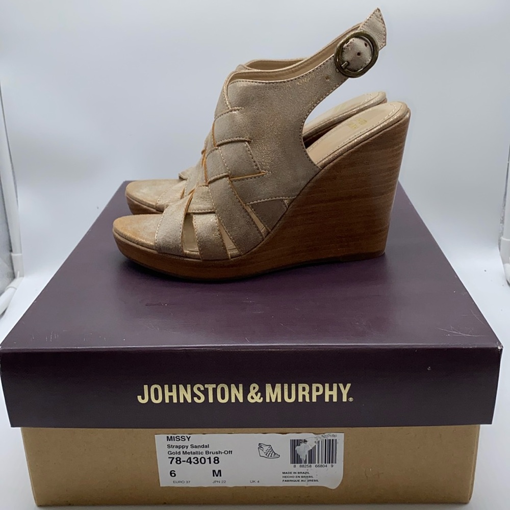 Johnston & Murphy Missy Strappy Sandals Gold Metallic Brush-Off Heels Size 6